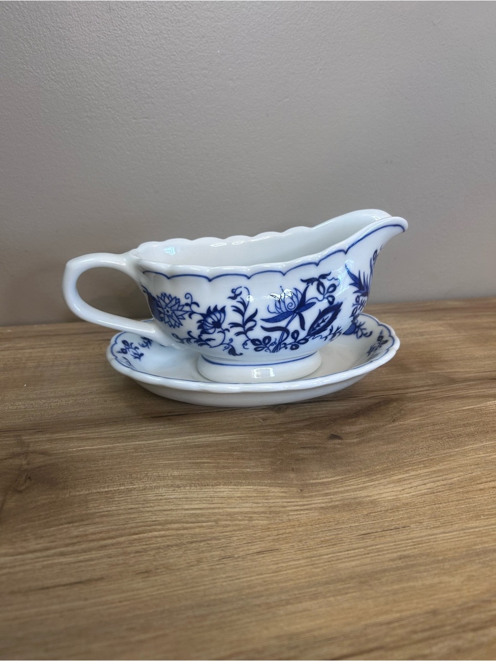 Blue and White Porcelain Gravy Boat with Matching Underplate